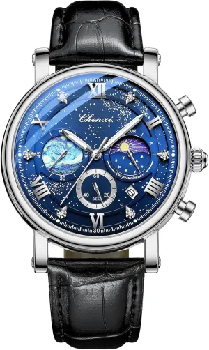 Sky Luminous Dial Moon Phase Chronograph Waterproof Analog Quartz Calendar Leather Strap Wrist Watch for deviate purge solution composer Men Gosasa Men's Watch Business Dress Starry 