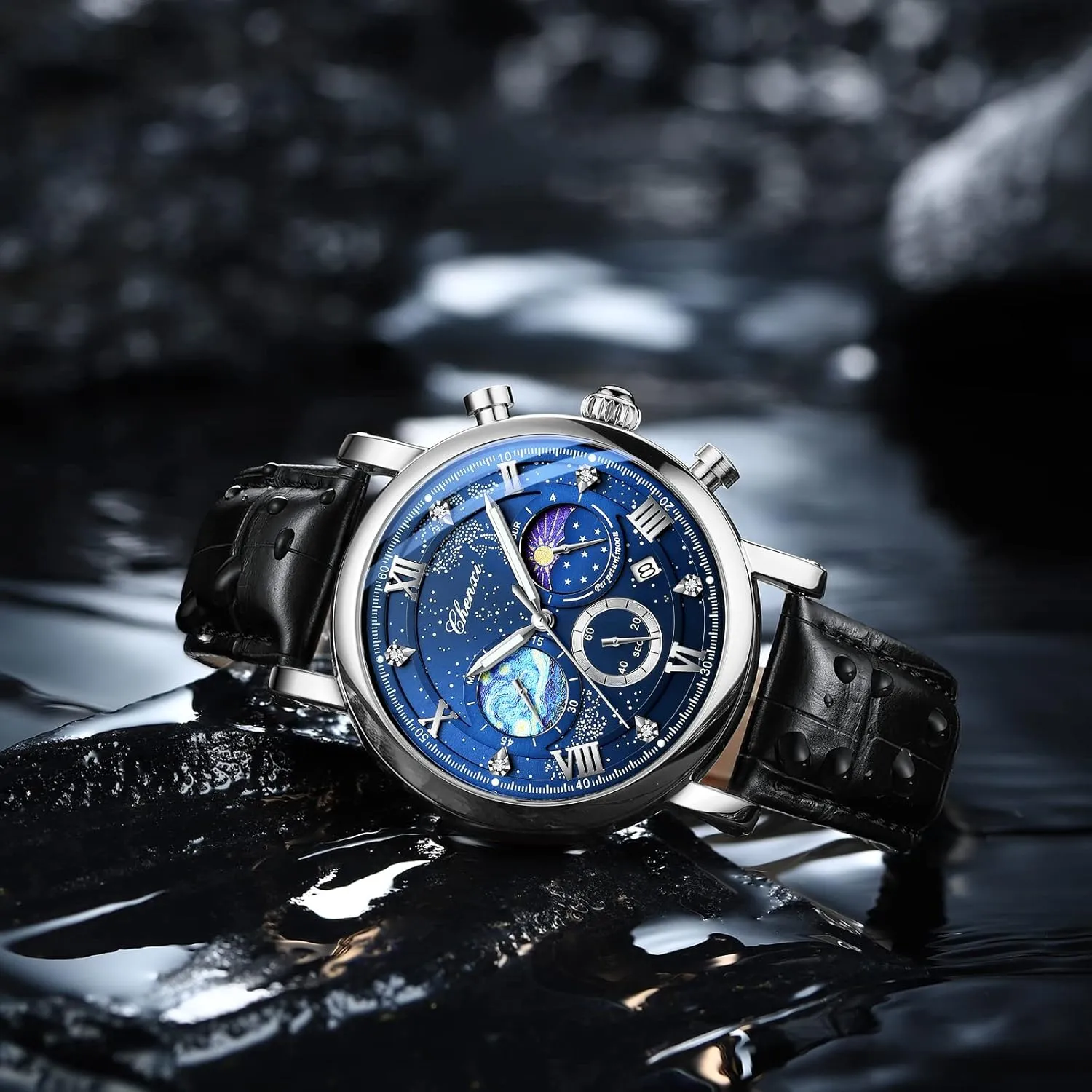 Sky Luminous Dial Moon Phase Chronograph Waterproof Analog Quartz Calendar Leather Strap Wrist Watch for deviate purge solution composer Men Gosasa Men's Watch Business Dress Starry 