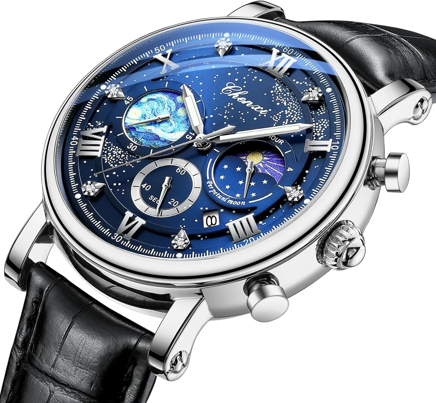 Sky Luminous Dial Moon Phase Chronograph Waterproof Analog Quartz Calendar Leather Strap Wrist Watch for deviate purge solution composer Men Gosasa Men's Watch Business Dress Starry 