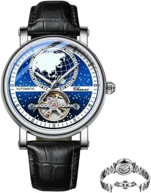 Sky Mechanical Wristwatch with Waterproof Leather Strap, World Map Hollowed Out Luminous Dial, Men's bank Wristwatch Men's Fully Automatic Starry 