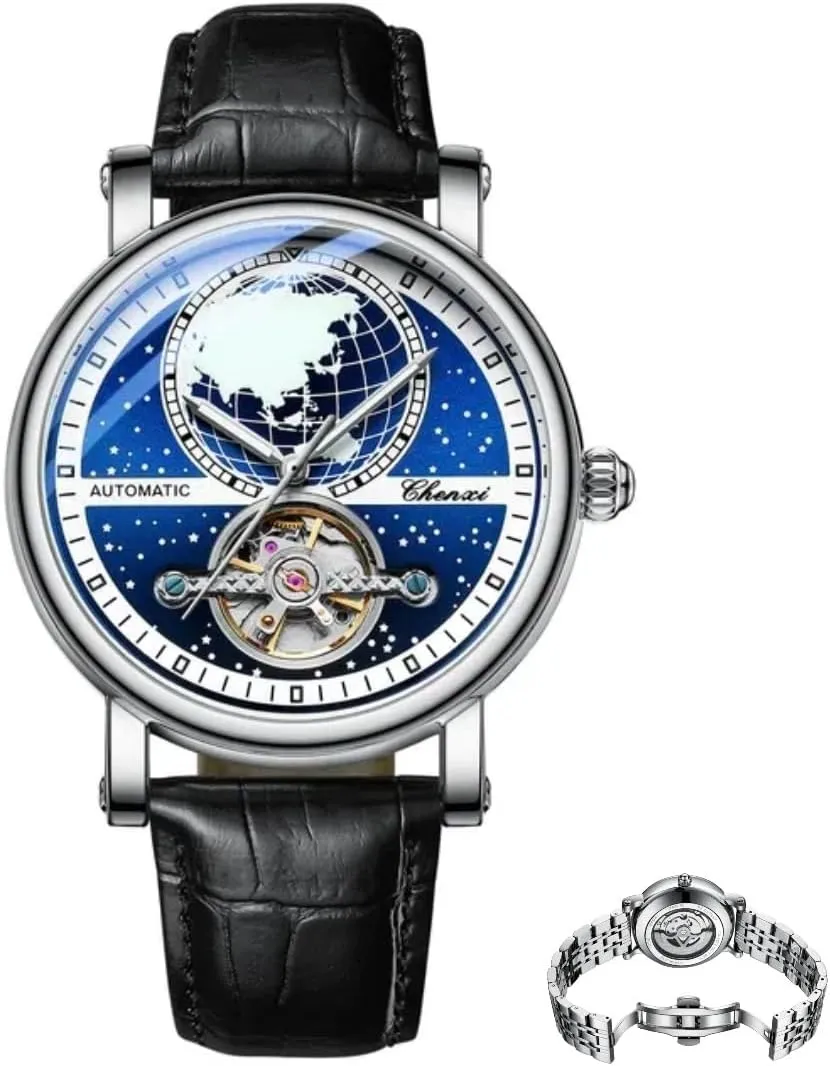 Sky Mechanical Wristwatch with Waterproof Leather Strap, World Map Hollowed Out Luminous Dial, Men's bank Wristwatch Men's Fully Automatic Starry 