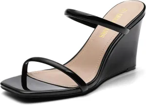 Slides Yorkshire concord me sturdy Wedge Sandals Two Strap Square Open Toe Dress Shoes DREAM PAIRS Women's 