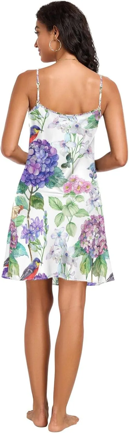 Slip Nightdress Sexy V Neck Soft Sleepwear Nightwear lifetime Pj S JUNZAN Watercolor Blue Flowers Birds Butterfly Women's 