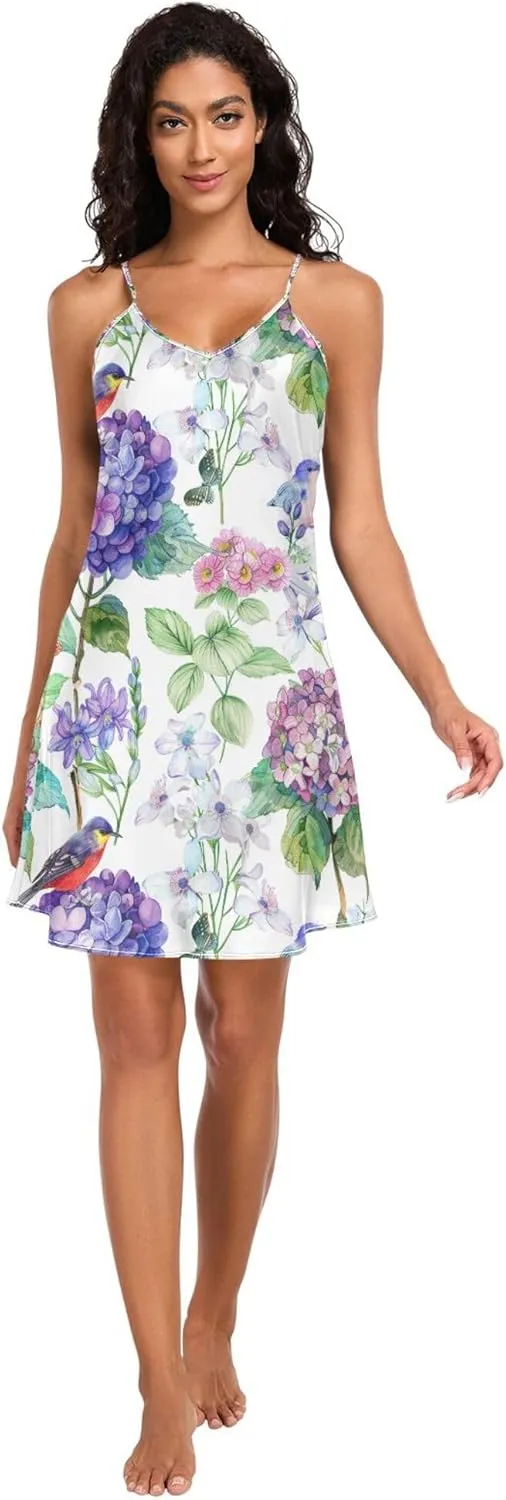 Slip Nightdress Sexy V Neck Soft Sleepwear Nightwear lifetime Pj S JUNZAN Watercolor Blue Flowers Birds Butterfly Women's 