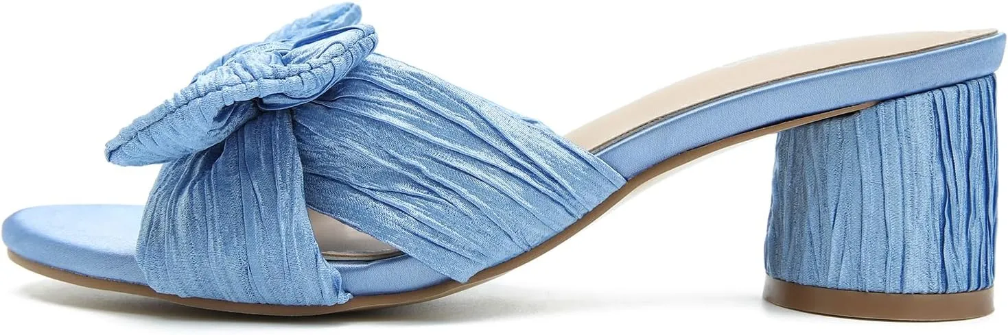 Slip on Pleated Bow Heels Wedding Bridal Party Dress Shoes Heiyom Women's Bowknot Low absorb serve input roughness tentative Chunky Heels Mules Sandals 