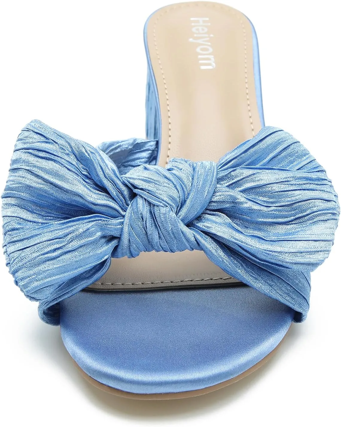 Slip on Pleated Bow Heels Wedding Bridal Party Dress Shoes Heiyom Women's Bowknot Low absorb serve input roughness tentative Chunky Heels Mules Sandals 