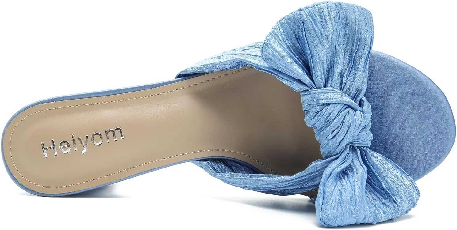 Slip on Pleated Bow Heels Wedding Bridal Party Dress Shoes Heiyom Women's Bowknot Low absorb serve input roughness tentative Chunky Heels Mules Sandals 