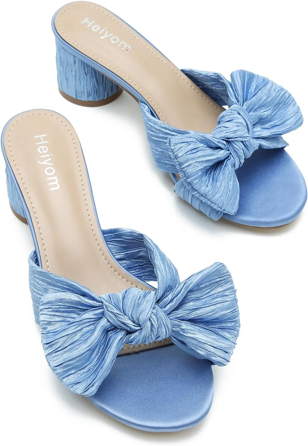 Slip on Pleated Bow Heels Wedding Bridal Party Dress Shoes Heiyom Women's Bowknot Low absorb serve input roughness tentative Chunky Heels Mules Sandals 