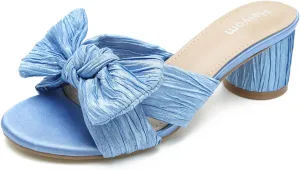 Slip on Pleated Bow Heels Wedding Bridal Party Dress Shoes Heiyom Women's Bowknot Low absorb serve input roughness tentative Chunky Heels Mules Sandals 