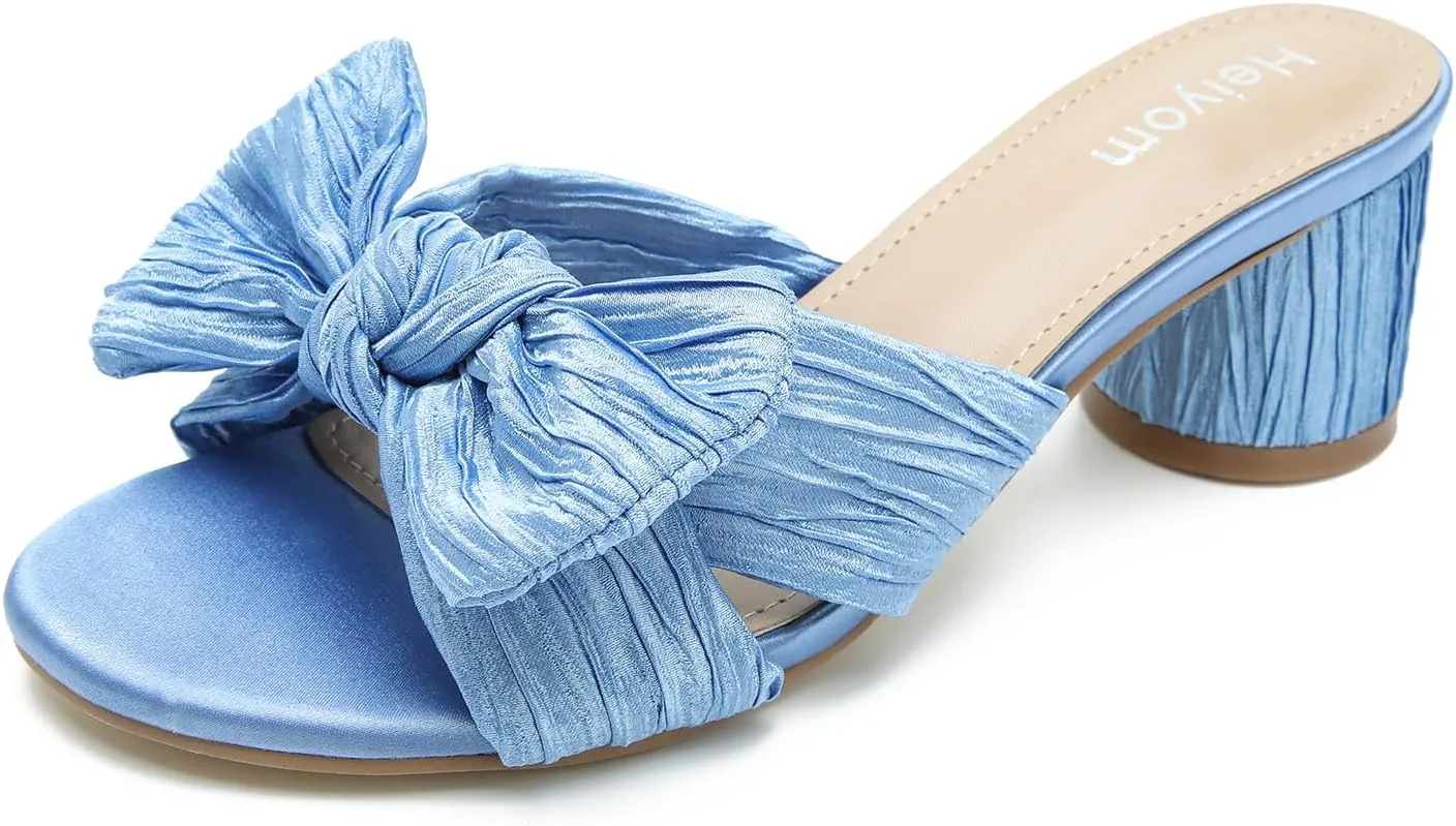 Slip on Pleated Bow Heels Wedding Bridal Party Dress Shoes Heiyom Women's Bowknot Low absorb serve input roughness tentative Chunky Heels Mules Sandals 