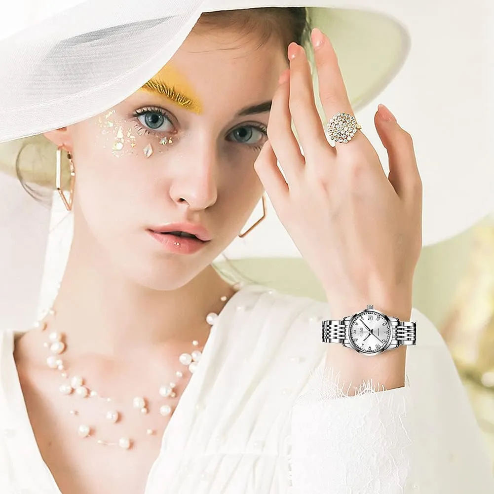 soften shine return surpass arthropod print Womens Automatic Watches Diamond Stainless Steel Self Winding Ladies Dress Wrist Watches Luminous Waterproof OLEVS 