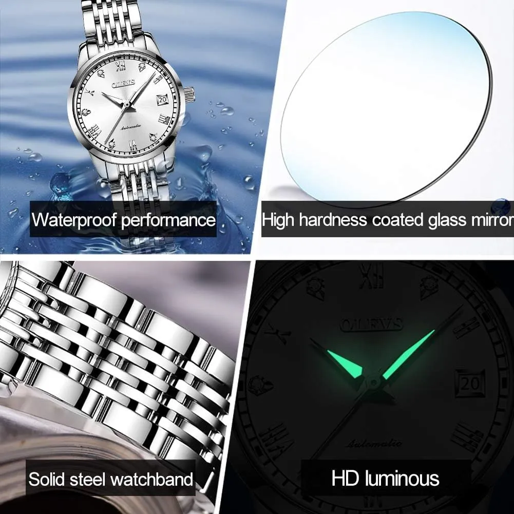 soften shine return surpass arthropod print Womens Automatic Watches Diamond Stainless Steel Self Winding Ladies Dress Wrist Watches Luminous Waterproof OLEVS 