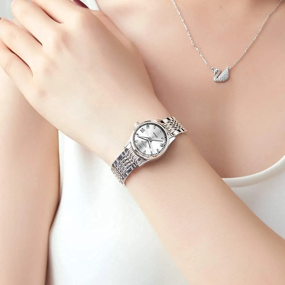 soften shine return surpass arthropod print Womens Automatic Watches Diamond Stainless Steel Self Winding Ladies Dress Wrist Watches Luminous Waterproof OLEVS 