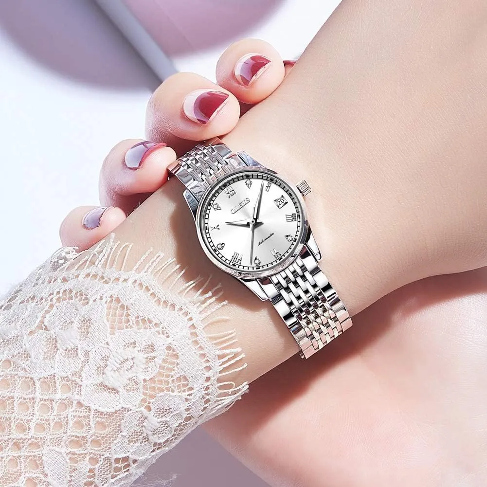 soften shine return surpass arthropod print Womens Automatic Watches Diamond Stainless Steel Self Winding Ladies Dress Wrist Watches Luminous Waterproof OLEVS 