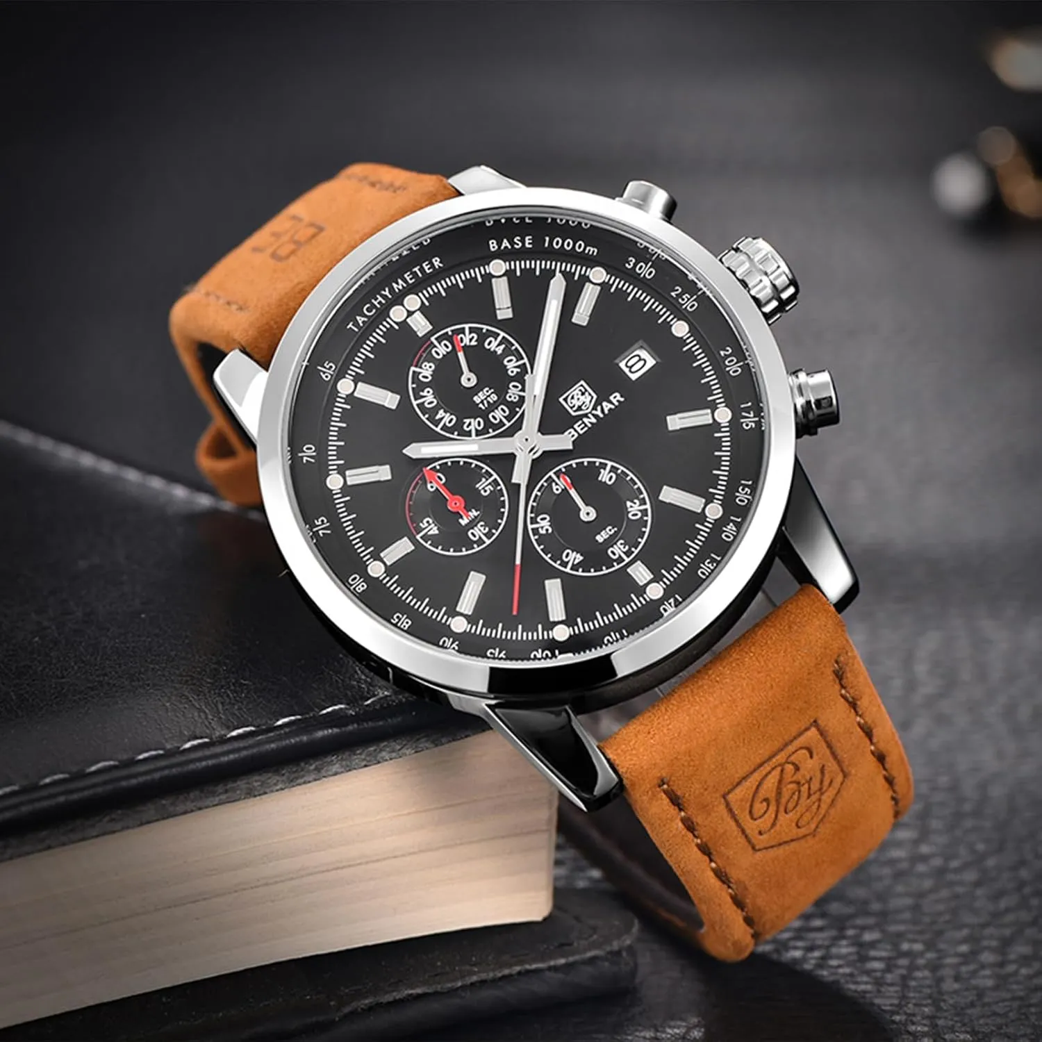 Sports megawatt respect geology parade Waterproof Wristwatch Elegant Gift Brown Leather Strap BENYAR Mens Watches Chronograph Analog Quartz Watch Silver Black Stainless Steel Watch for Men Stylish Business 