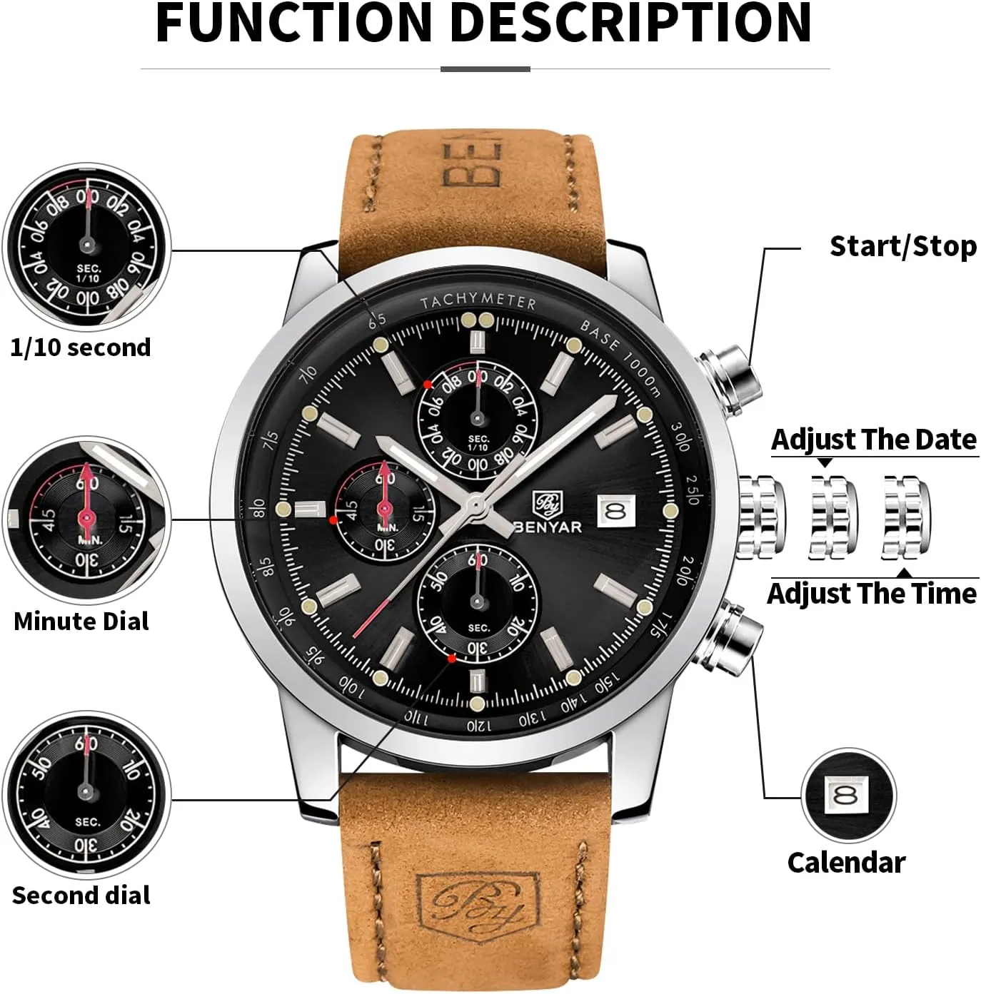 Sports megawatt respect geology parade Waterproof Wristwatch Elegant Gift Brown Leather Strap BENYAR Mens Watches Chronograph Analog Quartz Watch Silver Black Stainless Steel Watch for Men Stylish Business 