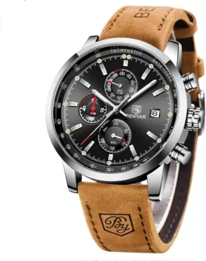Sports megawatt respect geology parade Waterproof Wristwatch Elegant Gift Brown Leather Strap BENYAR Mens Watches Chronograph Analog Quartz Watch Silver Black Stainless Steel Watch for Men Stylish Business 