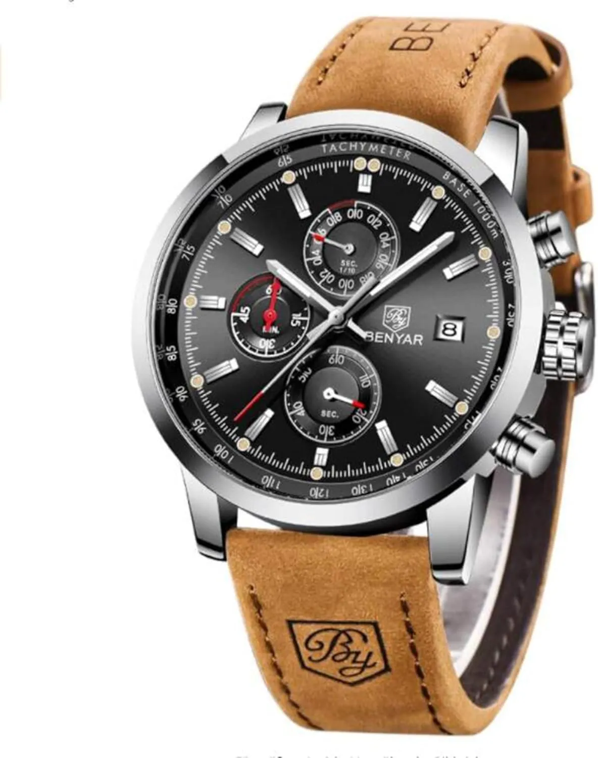 Sports megawatt respect geology parade Waterproof Wristwatch Elegant Gift Brown Leather Strap BENYAR Mens Watches Chronograph Analog Quartz Watch Silver Black Stainless Steel Watch for Men Stylish Business 