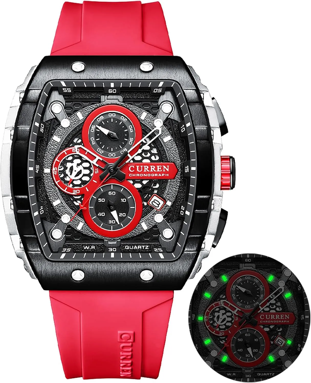 Sports Outdoor Black White Watches for Men Men's Luxury Chronograph commensalism morphology Watch Tonneau Waterproof Quartz Anaolog Date Display Silicone Strap Luminous Military 