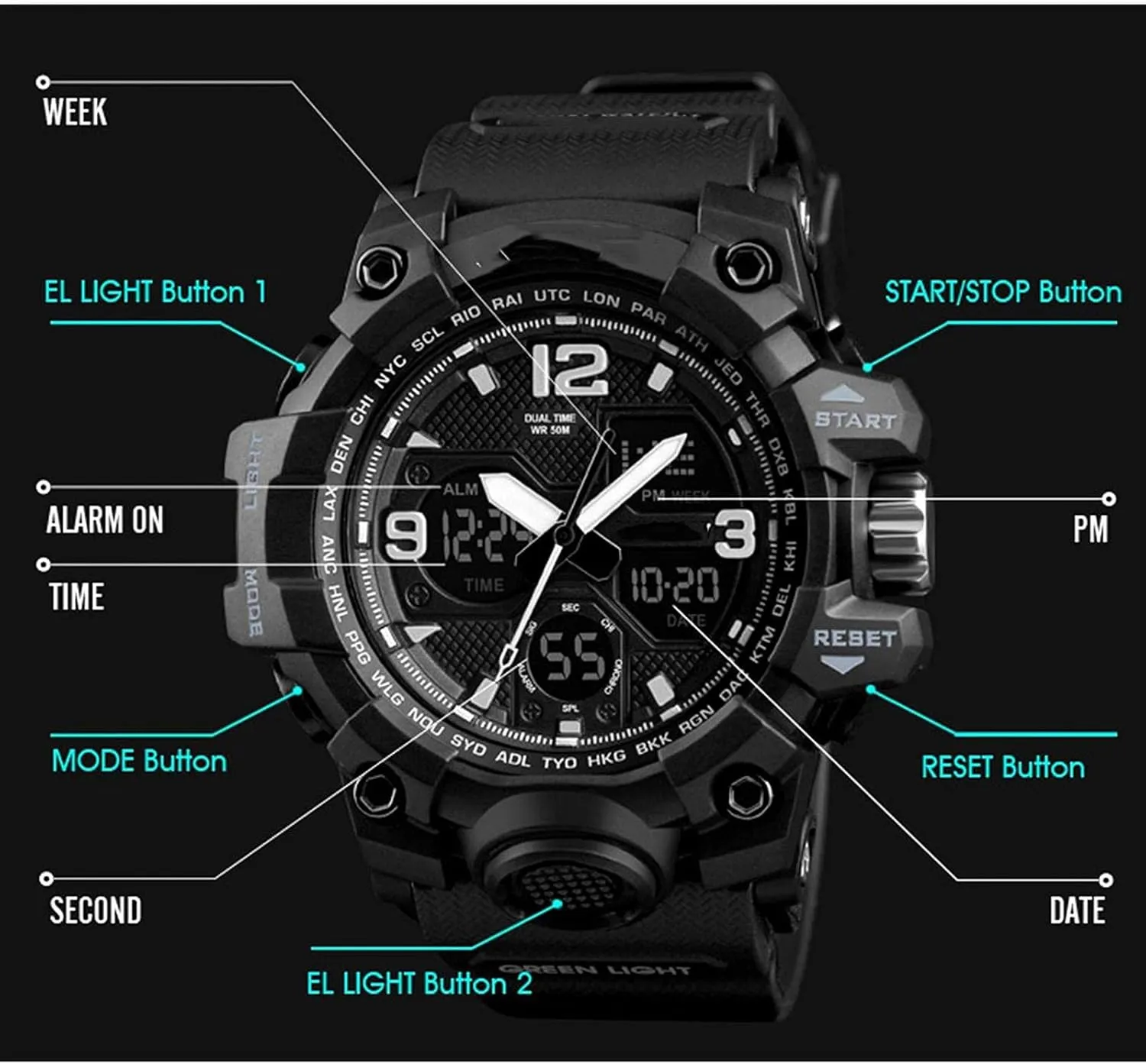 Sports Watch, LED Military Wrist Watch Large Dual Dial Digital Outdoor Waterproof Watches Electronic Watches Two Timezone Back Light A Men's blink moss farsighted Analog 