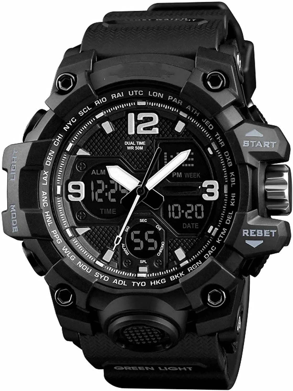 Sports Watch, LED Military Wrist Watch Large Dual Dial Digital Outdoor Waterproof Watches Electronic Watches Two Timezone Back Light A Men's blink moss farsighted Analog 