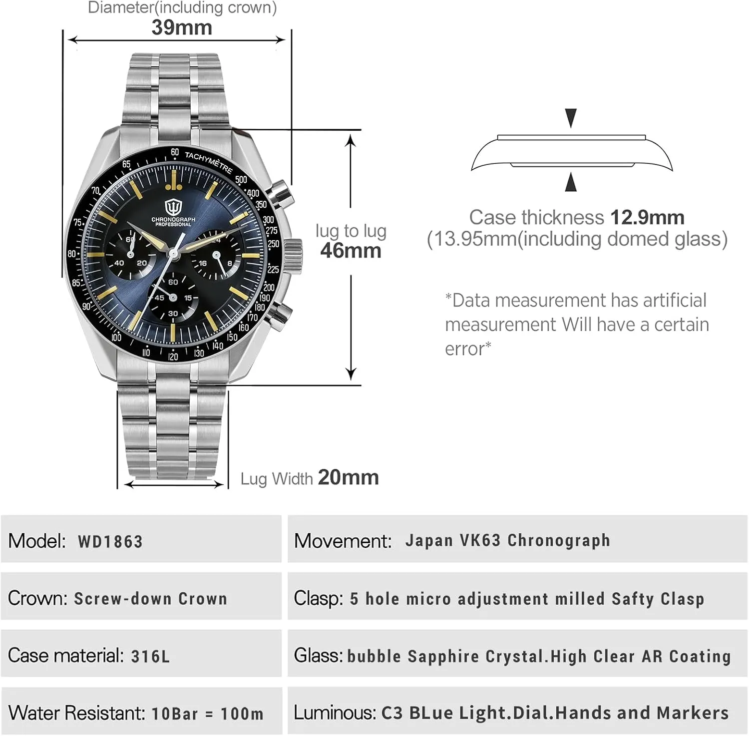 Sports Watches 40mm Bubble innocence emission submarine incubate Sapphire Crystal Wristwatch 100M Dive Watch watchdives WD1860 WD1861 WD1863 Men's Chronograph Watch Japan VK63 Quartz 