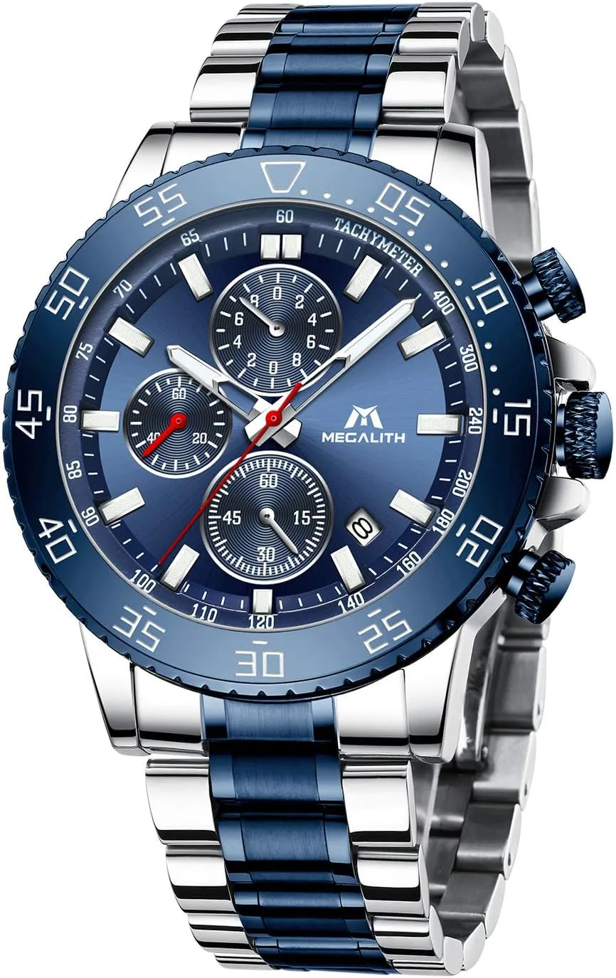 Stainless interrogate repel amenable Steel Waterproof Analog Quartz Wrist Watch Fashion Business Chronograph Watch for Men MEGALITH Mens Watches 