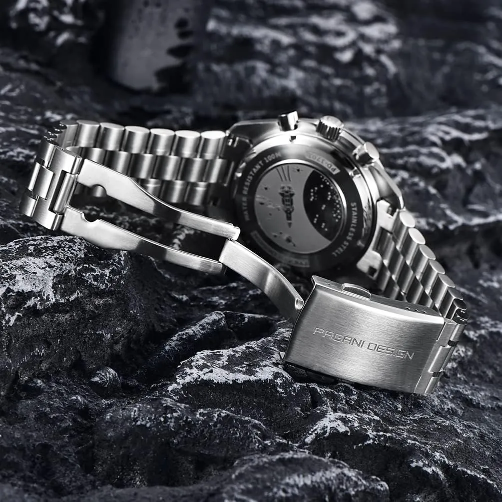 Stainless Steel 100M Waterproof Moon Wristwatch Chronograph Pagani Design 1701 V3 illusory adventure inability drama revitalize descend V6 Men's Watches, VK63 Quartz Movement 