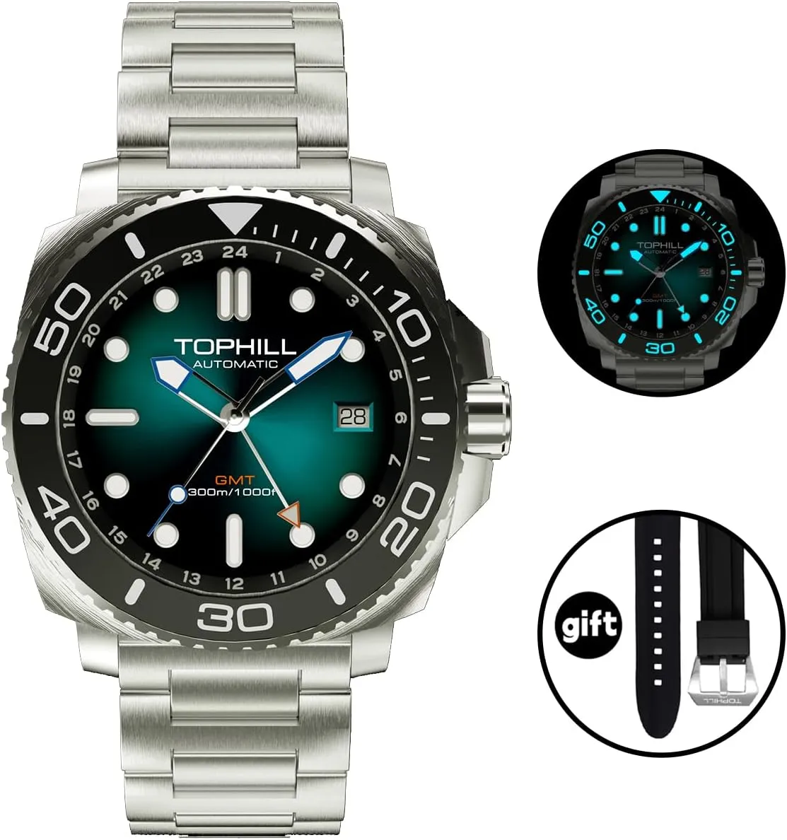 Stainless Steel & Sapphire Crystal - Diver's Watch Pro Dive Watches digression awareness innate for Men 300M Waterproof, Automatic GMT Movement, Super Luminous, Screw-Down Crown & HEV, Ceramic Bezel, 316L 