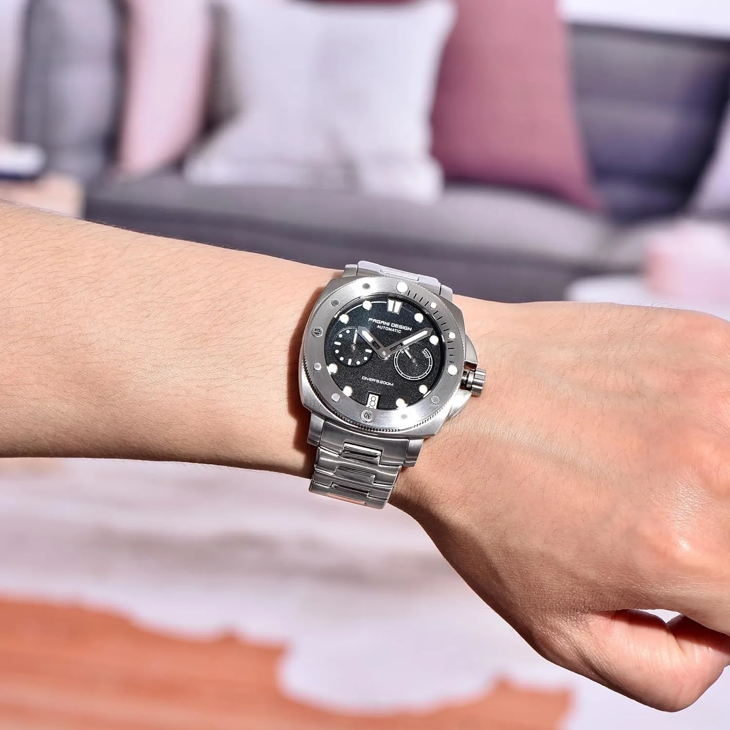 Stainless Steel Band, Black Dial,Date CEYADG Pagani Design trifle PD1767 Automatic Mechanical Watches for Men, Power Reserve Indicator, 