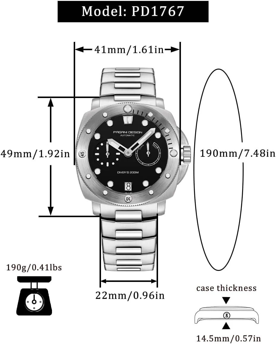 Stainless Steel Band, Black Dial,Date CEYADG Pagani Design trifle PD1767 Automatic Mechanical Watches for Men, Power Reserve Indicator, 