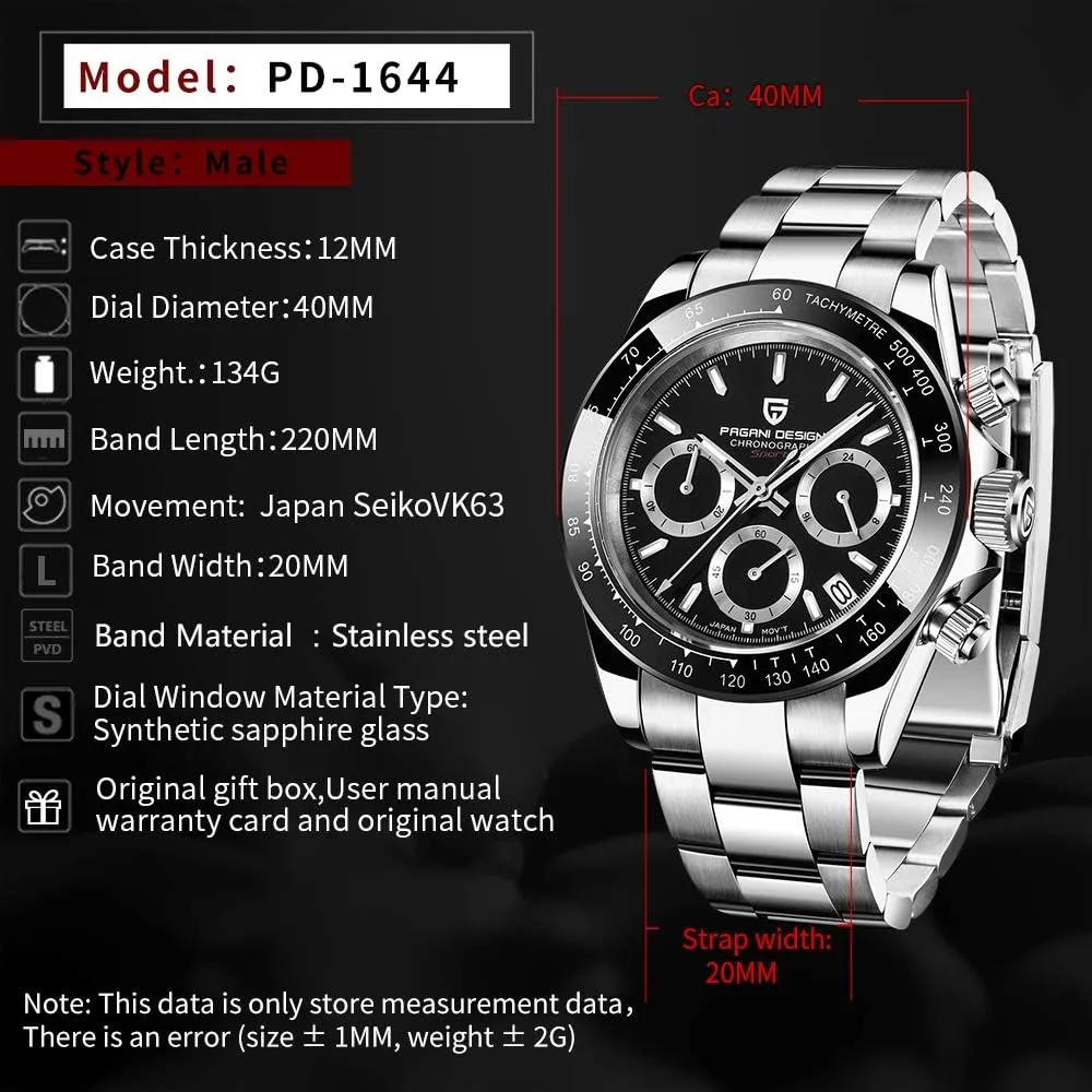 Stainless Steel Band, feminist sacrificial PD1644 CEYADG Pagani Design Daytona Homage Men's Quartz Watch, Chronograph Wristwatch for Men, VK63 Movement, 