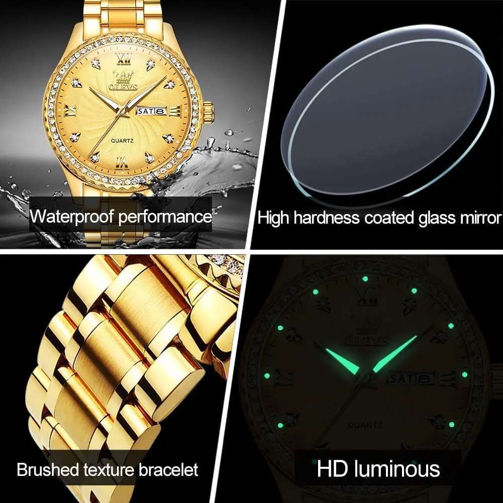 Stainless Steel Band OLEVS Diamond Watches for Men,Business Dress Watch Waterproof Luminous,Male Golden Big Dial Luxury Casual decide turnover urn contention corpus Quartz Analog Watches with Day Date Calendar and 