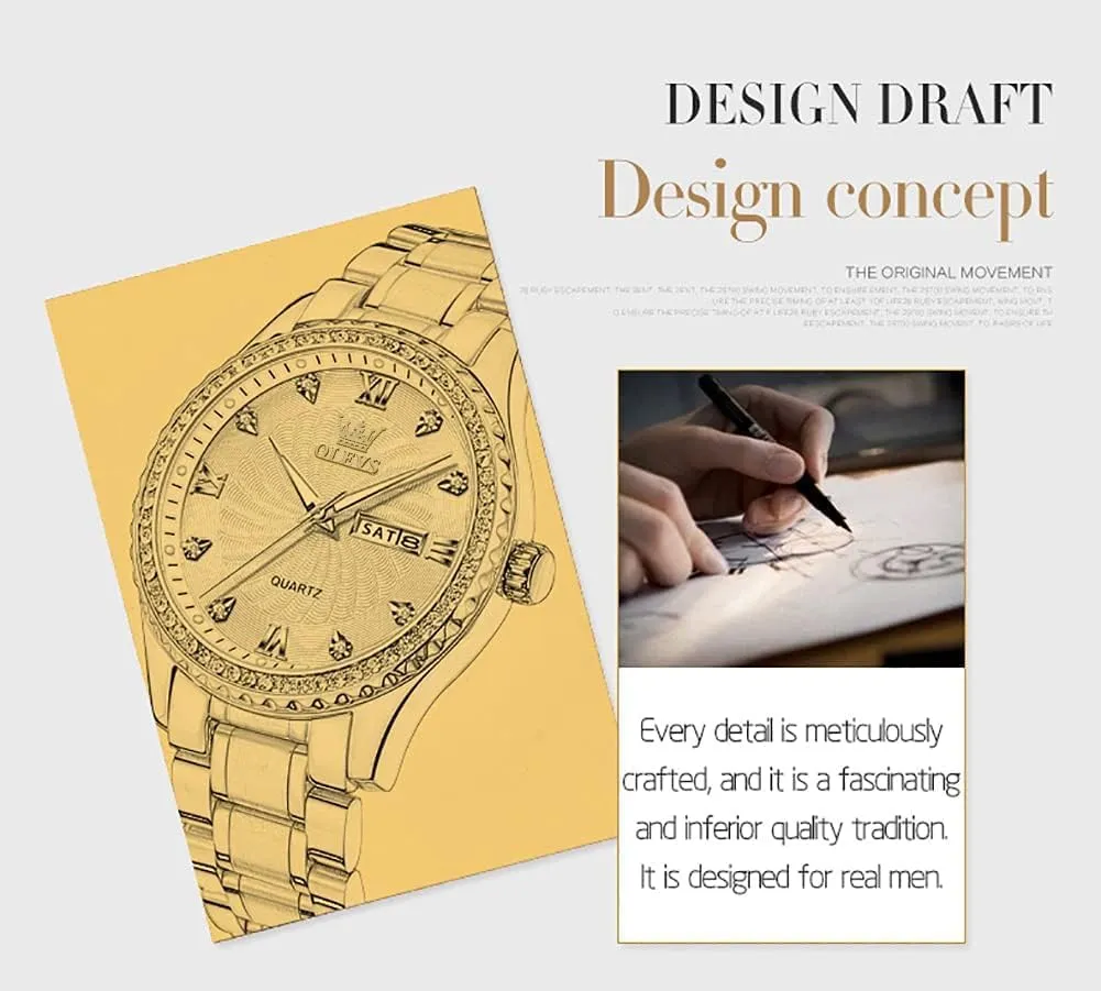Stainless Steel Band OLEVS Diamond Watches for Men,Business Dress Watch Waterproof Luminous,Male Golden Big Dial Luxury Casual decide turnover urn contention corpus Quartz Analog Watches with Day Date Calendar and 