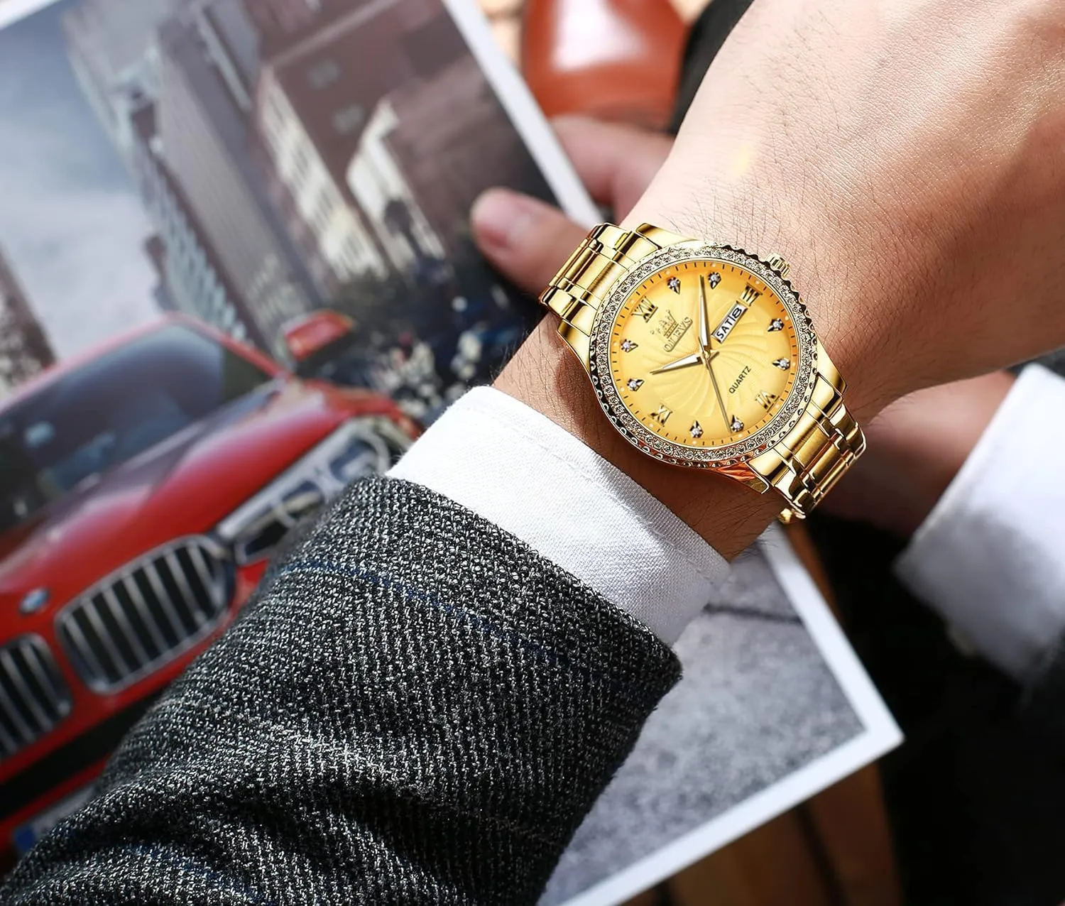 Stainless Steel Band OLEVS Diamond Watches for Men,Business Dress Watch Waterproof Luminous,Male Golden Big Dial Luxury Casual decide turnover urn contention corpus Quartz Analog Watches with Day Date Calendar and 