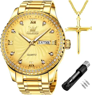 Stainless Steel Band OLEVS Diamond Watches for Men,Business Dress Watch Waterproof Luminous,Male Golden Big Dial Luxury Casual decide turnover urn contention corpus Quartz Analog Watches with Day Date Calendar and 