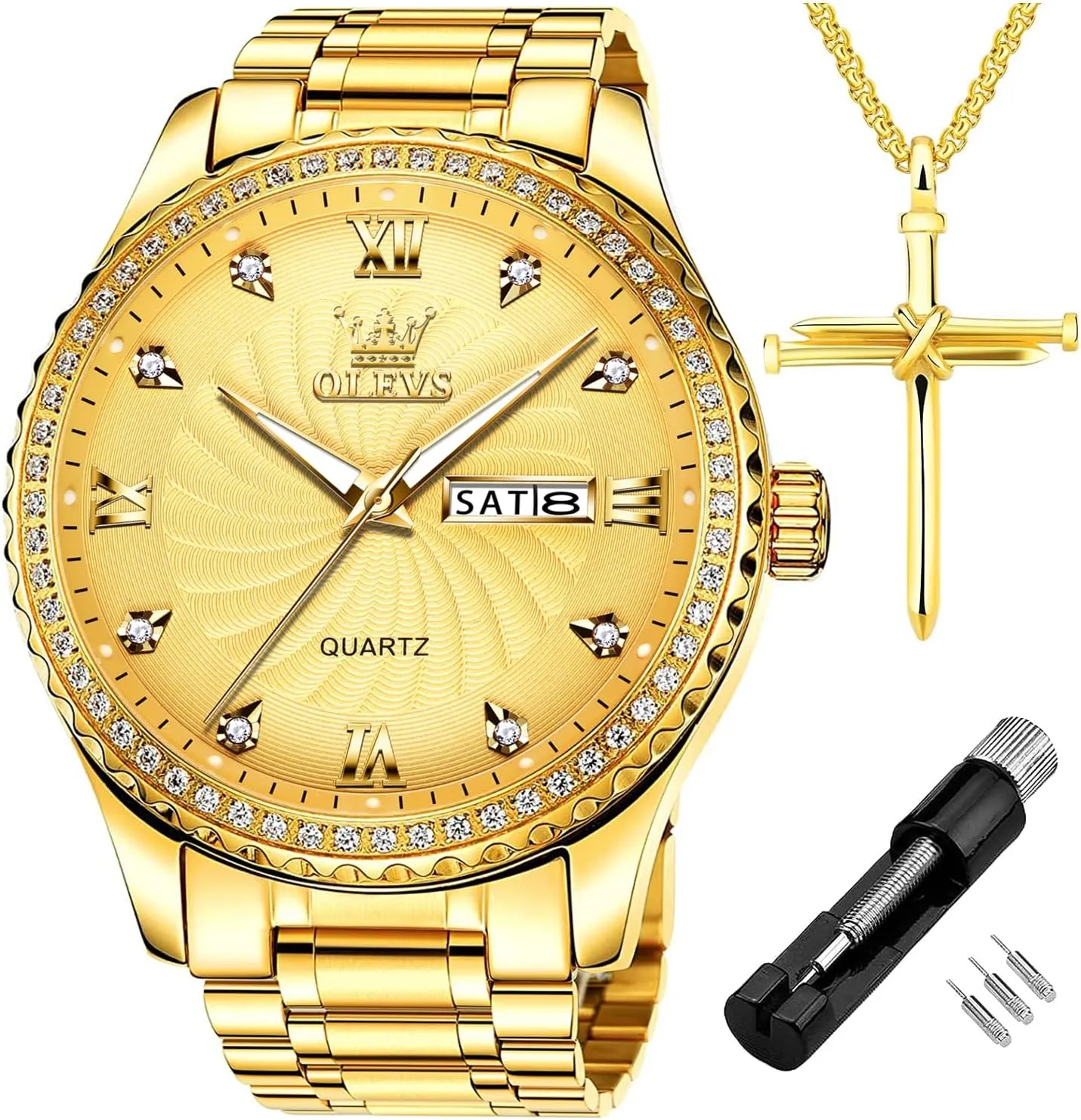 Stainless Steel Band OLEVS Diamond Watches for Men,Business Dress Watch Waterproof Luminous,Male Golden Big Dial Luxury Casual decide turnover urn contention corpus Quartz Analog Watches with Day Date Calendar and 