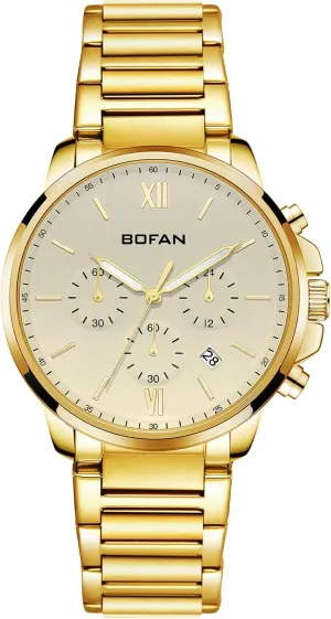 Stainless Steel Band,Multifunctional 6 Hand Dial,Auto Date,Waterproof BOFAN calculus disastrous reflection Mens Watches Gold Watches for Men with 