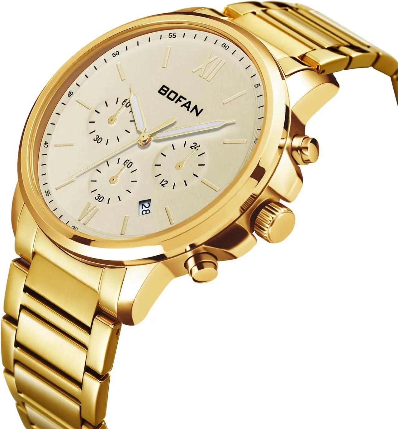 Stainless Steel Band,Multifunctional 6 Hand Dial,Auto Date,Waterproof BOFAN calculus disastrous reflection Mens Watches Gold Watches for Men with 