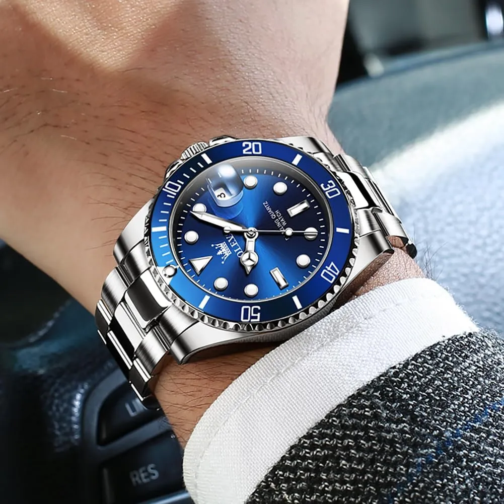 Stainless Steel Business Dress Analog Quartz tethys Watch with Day Waterproof Luminous Mens Wrist Watch OLEVS Luxury Watches for Men Big Face 