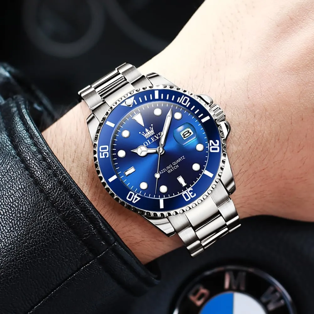 Stainless Steel Business Dress Analog Quartz tethys Watch with Day Waterproof Luminous Mens Wrist Watch OLEVS Luxury Watches for Men Big Face 