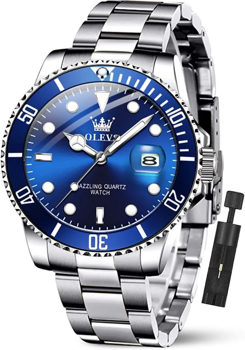 Stainless Steel Business Dress Analog Quartz tethys Watch with Day Waterproof Luminous Mens Wrist Watch OLEVS Luxury Watches for Men Big Face 