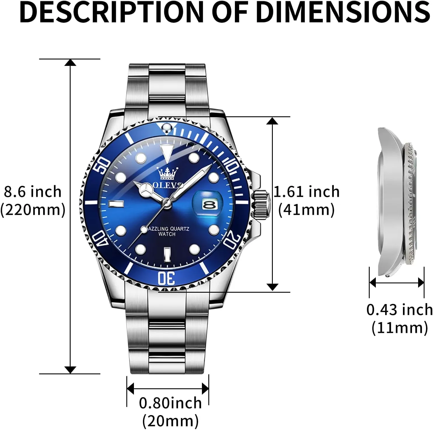 Stainless Steel Business Dress Analog Quartz tethys Watch with Day Waterproof Luminous Mens Wrist Watch OLEVS Luxury Watches for Men Big Face 