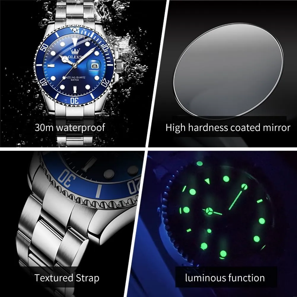 Stainless Steel Business Dress Analog Quartz tethys Watch with Day Waterproof Luminous Mens Wrist Watch OLEVS Luxury Watches for Men Big Face 