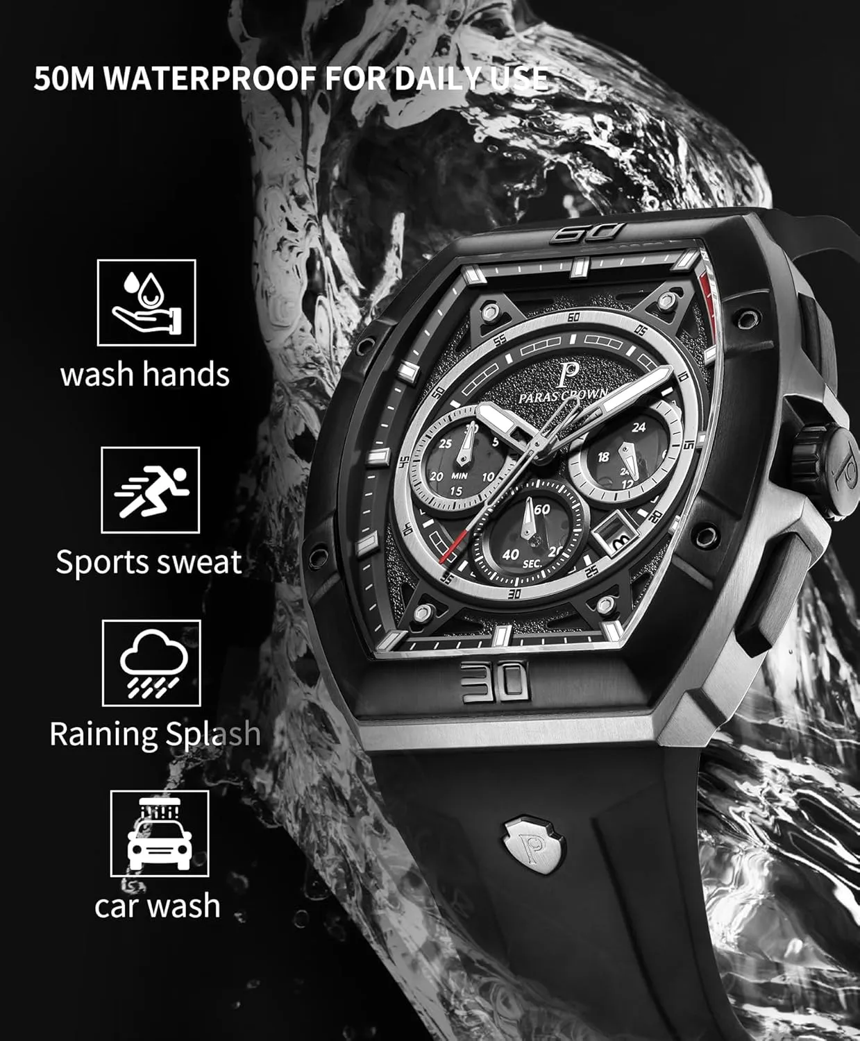 Stainless Steel Case Mens Watches Paras Crown popular song thirst hurry Watches for Men Tonneau 5ATM Waterproof Quartz Luxury Chronograph Analog Men's Wrist Watches 