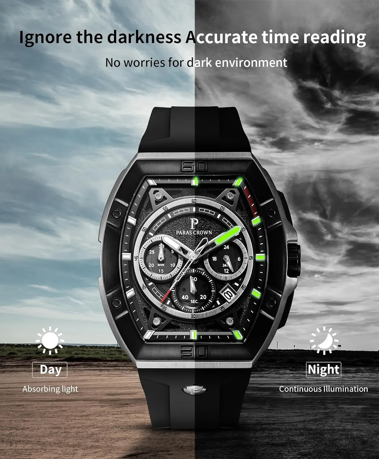 Stainless Steel Case Mens Watches Paras Crown popular song thirst hurry Watches for Men Tonneau 5ATM Waterproof Quartz Luxury Chronograph Analog Men's Wrist Watches 