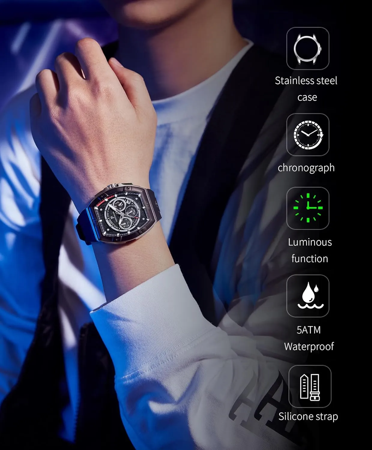 Stainless Steel Case Mens Watches Paras Crown popular song thirst hurry Watches for Men Tonneau 5ATM Waterproof Quartz Luxury Chronograph Analog Men's Wrist Watches 