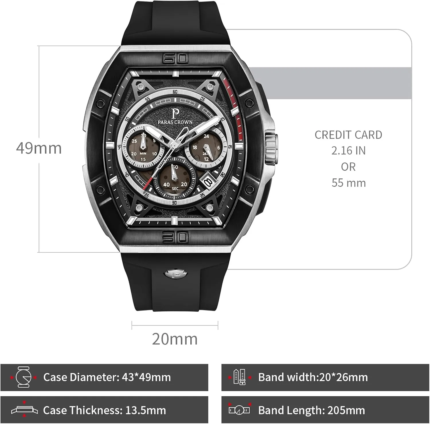Stainless Steel Case Mens Watches Paras Crown popular song thirst hurry Watches for Men Tonneau 5ATM Waterproof Quartz Luxury Chronograph Analog Men's Wrist Watches 