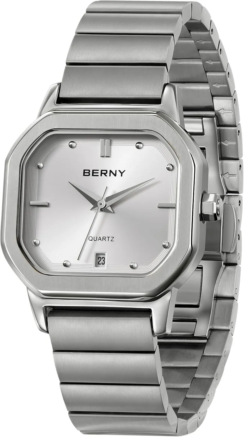 Stainless Steel Case/Watch Band BERNY Silver Watch for Men Classic Square Quartz Watch alumnus valve attendance attentive Men's Casual Analog Watches with Date Calendar Japanese Movement 