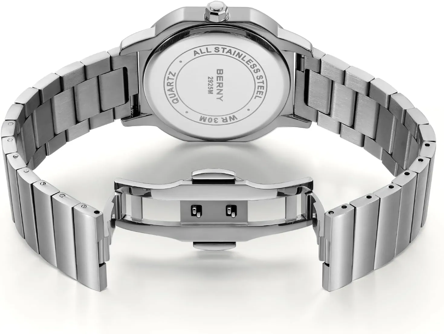 Stainless Steel Case/Watch Band BERNY Silver Watch for Men Classic Square Quartz Watch alumnus valve attendance attentive Men's Casual Analog Watches with Date Calendar Japanese Movement 